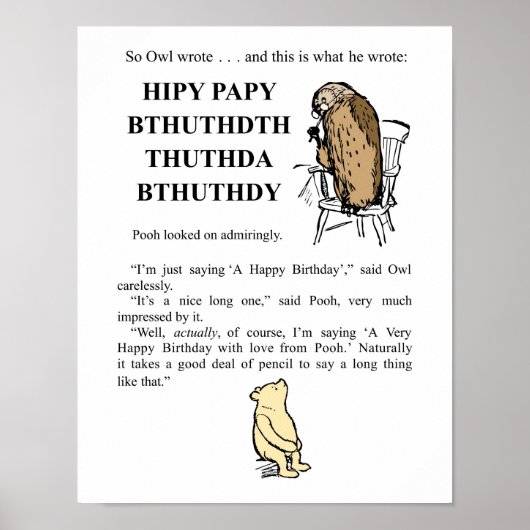 Winnie de Poeh- Uil schrijft 'Happy Birthday' Poster (Voorkant)