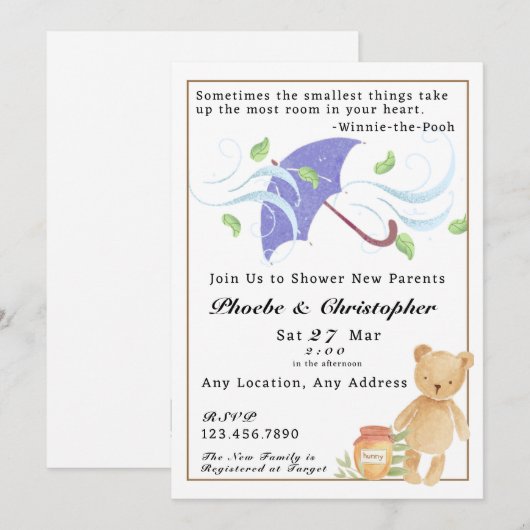 Winnie-the-Pooh Geïnspireerd Baby shower Uitnodigi Kaart (Voorkant / Achterkant)