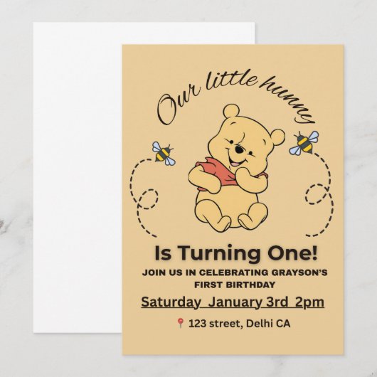 Winnow de Poeh 1e verjaardag uitnodiging (Voorkant / Achterkant)