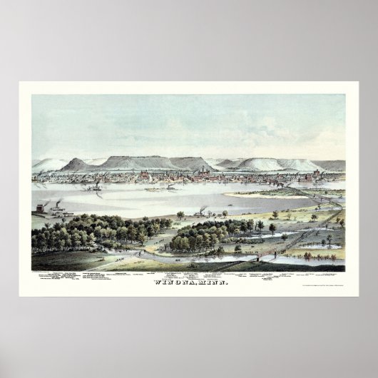 Winona, MN Panorama Map - 1874 Poster (Voorkant)