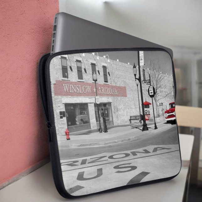 Winslow Arizona Red Splash Photogram Laptop Sleeve (Angle laptop case insitu)