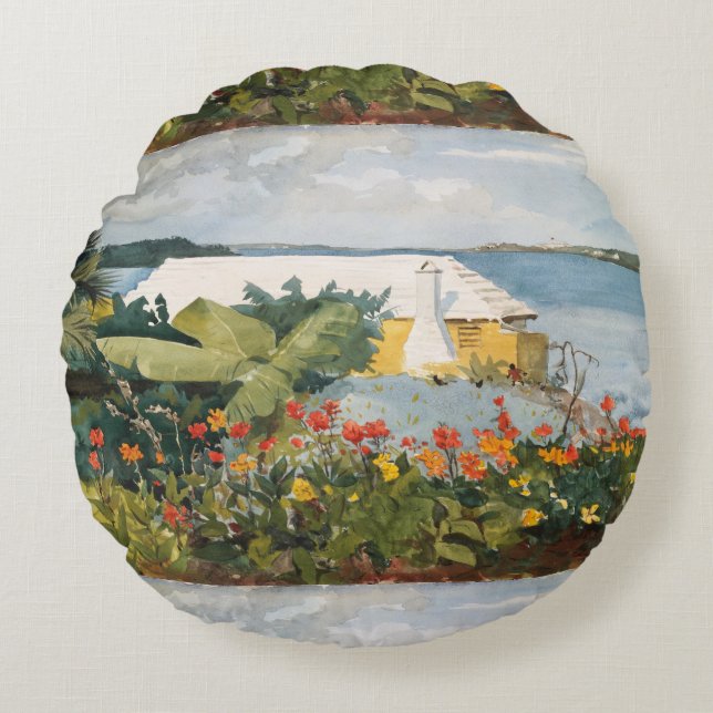 Winslow Homer Flower Garden en Bungalow Bermuda Rond Kussen (Voorkant)