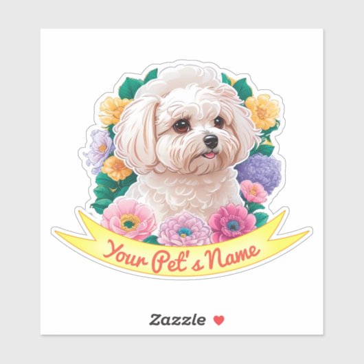 Winsome Bichon Frisé, geel, roze & paarse bloem Sticker (Vel)