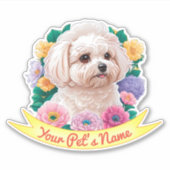 Winsome Bichon Frisé, geel, roze & paarse bloem Sticker (Voorkant)