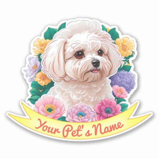 Winsome Bichon Frisé, geel, roze & paarse bloem Sticker (Voorkant)
