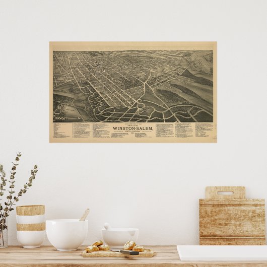 Winston-Salem N. Carolina Antiek Panoramic Map Poster (Keuken)