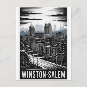Winston-Salem NC Silhouet Zwart Wit Houtsnede Feestdagenkaart