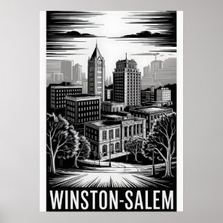 Winston-Salem NC Silhouet Zwart Wit Houtsnede Poster