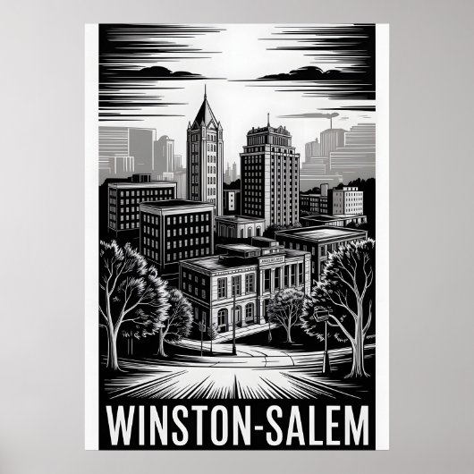 Winston-Salem NC Silhouet Zwart Wit Houtsnede Poster (Voorkant)