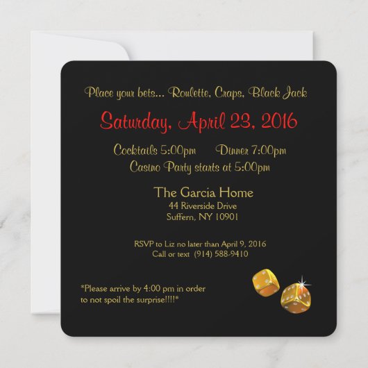 Winston's 40e verjaardag Vegas Casino Night Party Kaart (Achterkant)