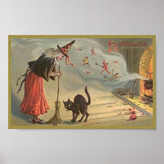 Wintage Halloween Witch, Cat Poster (Voorkant)