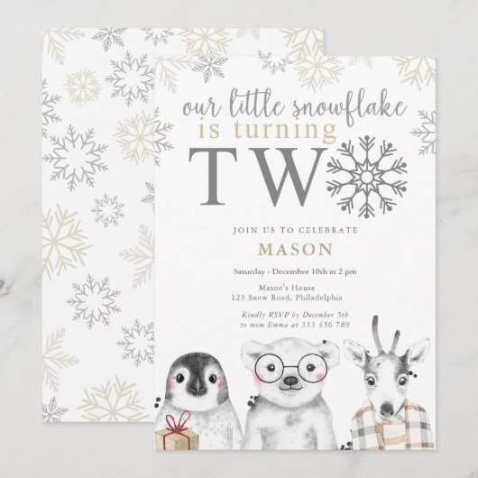 Winter 2e verjaardag neutrale beige uitnodiging (Voorkant / Achterkant)