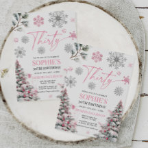Winter 30 verjaardagsuitnodiging, roze en zilver