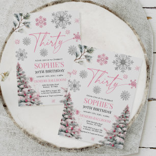 Winter 30 verjaardagsuitnodiging, roze en zilver kaart