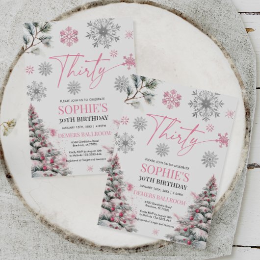 Winter 30 verjaardagsuitnodiging, roze en zilver kaart