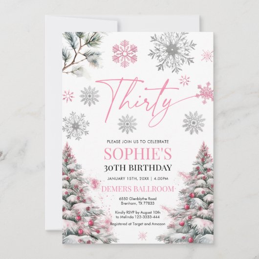 Winter 30 verjaardagsuitnodiging, roze en zilver kaart (Voorkant)