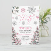 Winter 30 verjaardagsuitnodiging, roze en zilver kaart (Staand voorkant)