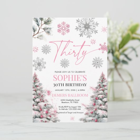 Winter 30 verjaardagsuitnodiging, roze en zilver kaart (Staand voorkant)