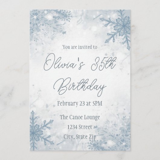 Winter 35th Birthday Invitation – Cool Gray Snow Kaart (Voorkant)