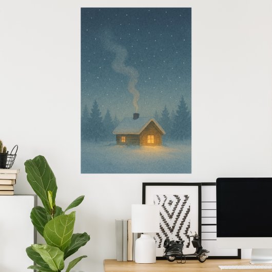 Winter 3, Cabin Ember licht, Seizoensgebonden Prin Poster (Thuiskantoor)
