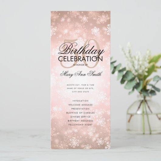 Winter 50 Verjaardagsprogramma Roze Goud Menu Kaart (Staand voorkant)