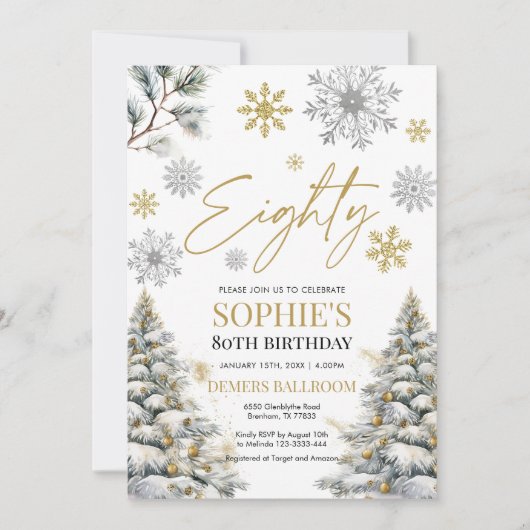 Winter 80 verjaardagsuitnodiging goud en zilver kaart (Voorkant)