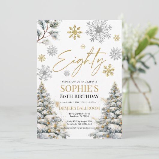 Winter 80 verjaardagsuitnodiging goud en zilver kaart (Staand voorkant)