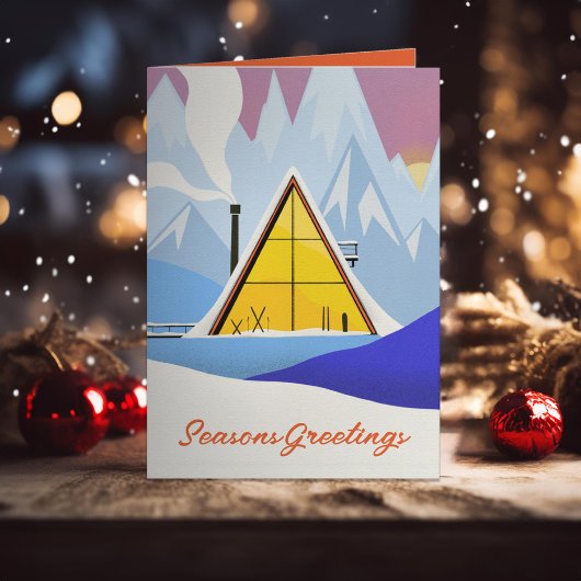 Winter A Frame Ski Chalet Retro Feestdagen Kaart