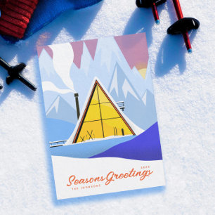 Winter A-frame ski-chalet retro Feestdagenkaart