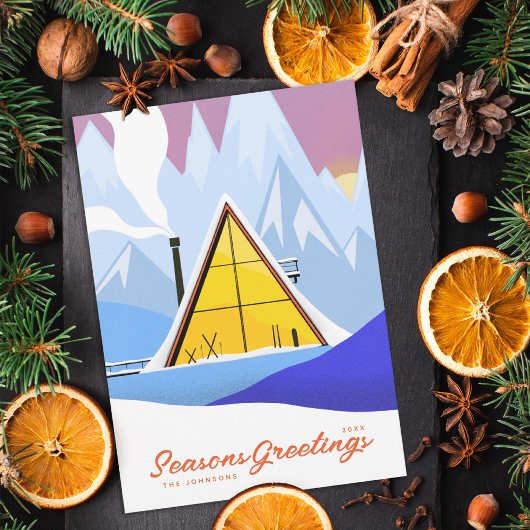 Winter A Frame Ski Chalet Retro Feestdagenkaart