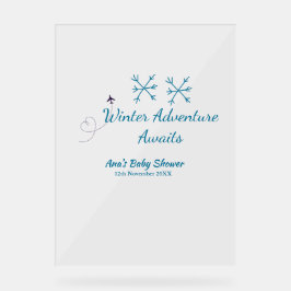 Winter Adventure awaits baby shower blue snowflake Acryl Bord