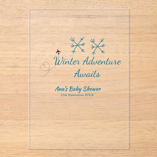 Winter Adventure awaits baby shower blue snowflake Acryl Uitnodigingen (Voorkant)
