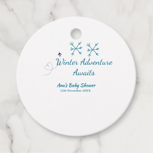 Winter Adventure awaits baby shower blue snowflake Bedankjes Labels (Voorkant)