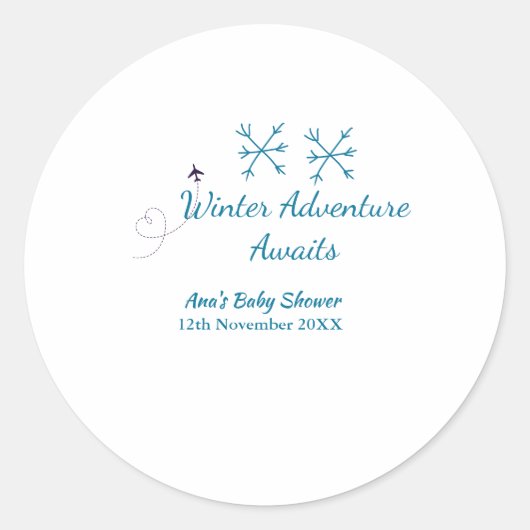 Winter Adventure awaits baby shower blue snowflake Ronde Sticker (Voorkant)