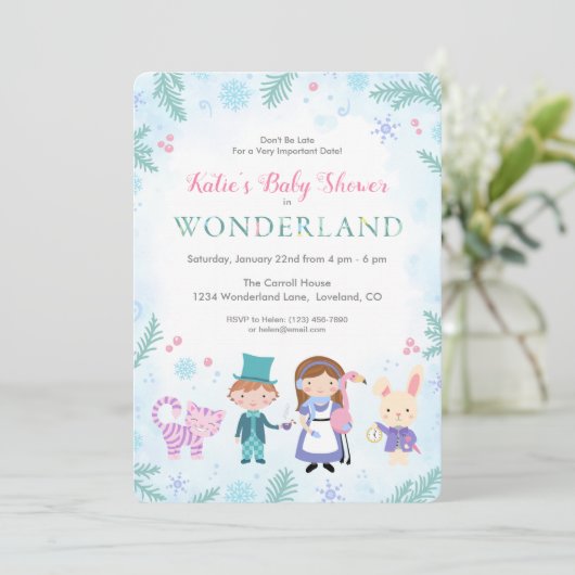 Winter Alice in Wonderland Baby shower Invitation Kaart (Staand voorkant)