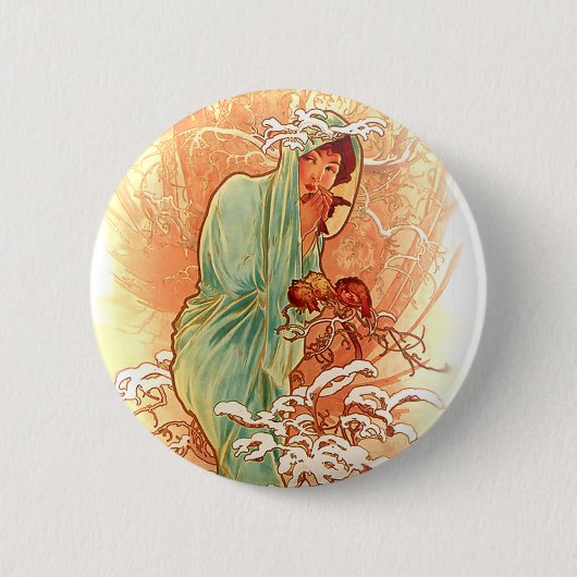 Winter - Alphonse Mucha Art Nouveau Ronde Button 5,7 Cm (Voorkant)