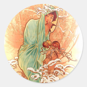 Winter - Alphonse Mucha Art Nouveau Ronde Sticker