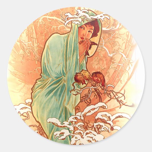 Winter - Alphonse Mucha Art Nouveau Ronde Sticker (Voorkant)