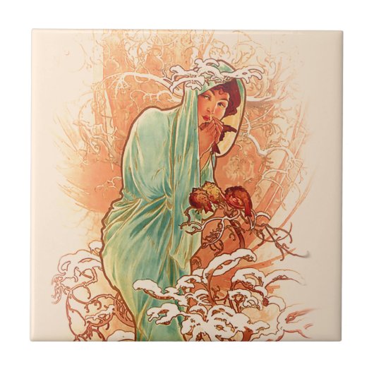 Winter - Alphonse Mucha Art Nouveau Tegeltje (Voorkant)
