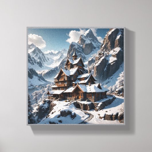 Winter Alpine Lodge Vinyl Fotobehang – Snowy Mount Canvas Afdruk (Voorkant)