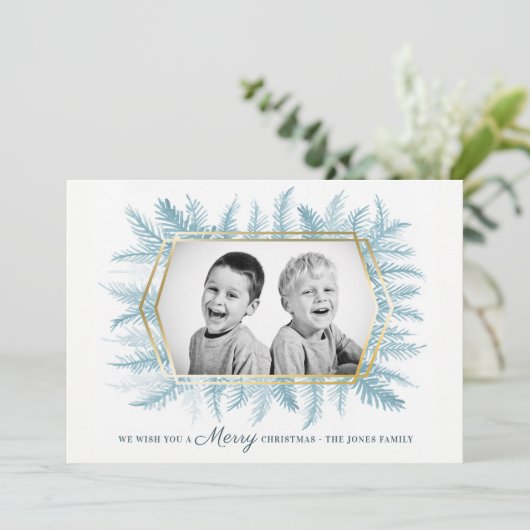 Winter altijdgroene blad waterverf blauw feestdagenkaart (Staand voorkant)