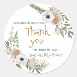 Winter Anemone Floral Cotton Pine Baby shower Ronde Sticker