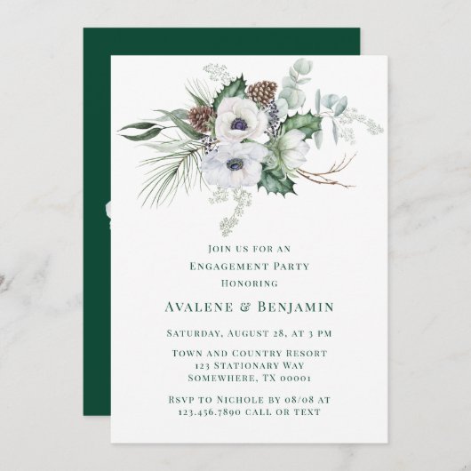 Winter Anemone Hand-Painted Engagement Party Kaart (Voorkant / Achterkant)