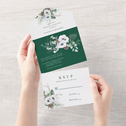 Winter Anemone Hand-Painted Wedding Celebration All In One Uitnodiging (Afscheurbaar)