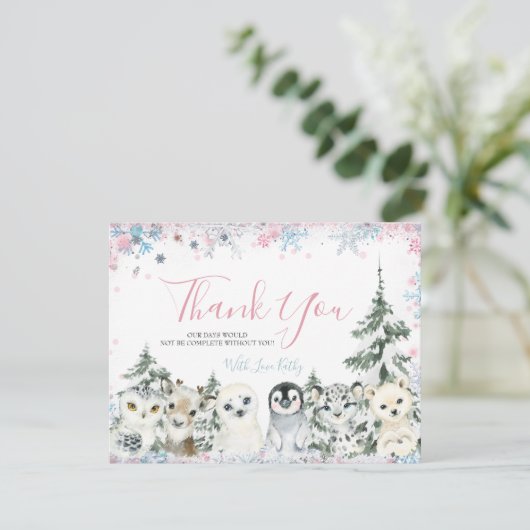 Winter Animal Gender onthulling hem of zij Snowfla Bedankkaart (Staand voorkant)
