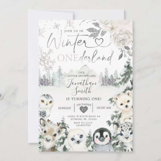 Winter Animal Onederland Snowflake 1e verjaardag Kaart (Voorkant)