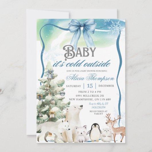 Winter Animals Aurora Bow Coquette Boy Baby Shower Kaart (Voorkant)