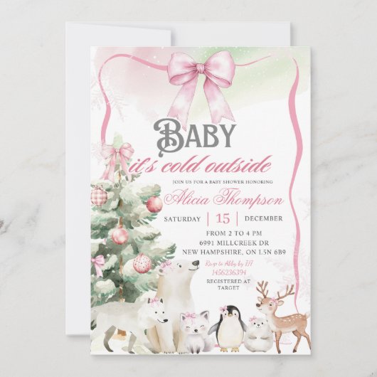 Winter Animals Aurora Bow Coquette Gir Baby Shower Kaart (Voorkant)