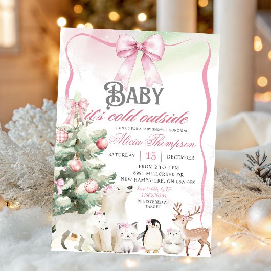 Winter Animals Aurora Bow Coquette Gir Baby Shower Kaart