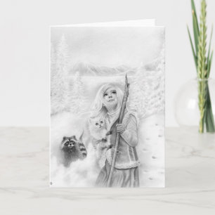 Winter Animals Girl Fantasy Wenskaart Kaart